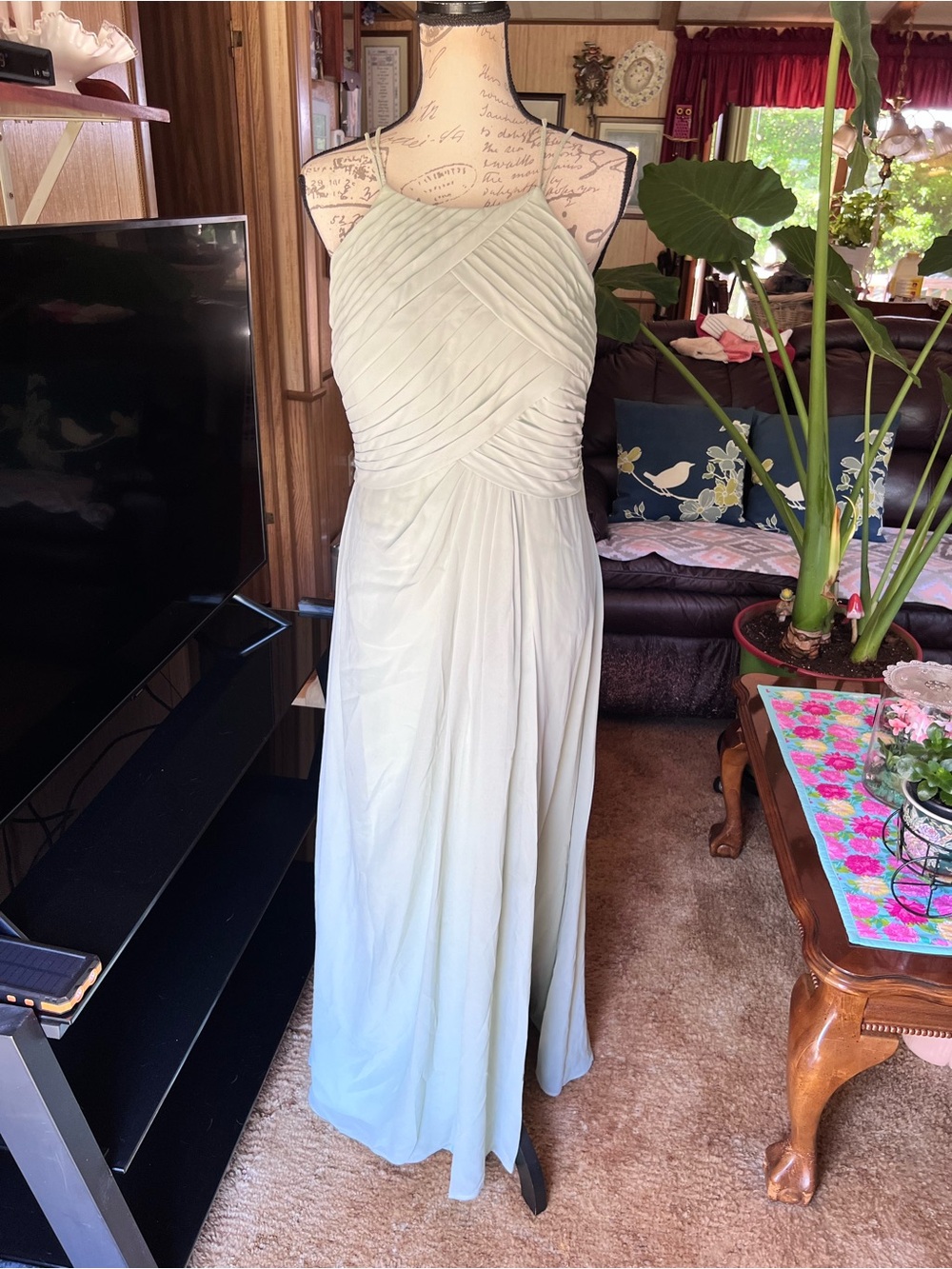 Azazie Ginger Dusty Sage A-Line Halter Pleated Chiffon Dress. - Picture 16 of 16